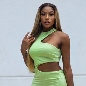 Lime Green Full-Body One-Shoulder Halter Jumpsuit W/ Waist Cutout